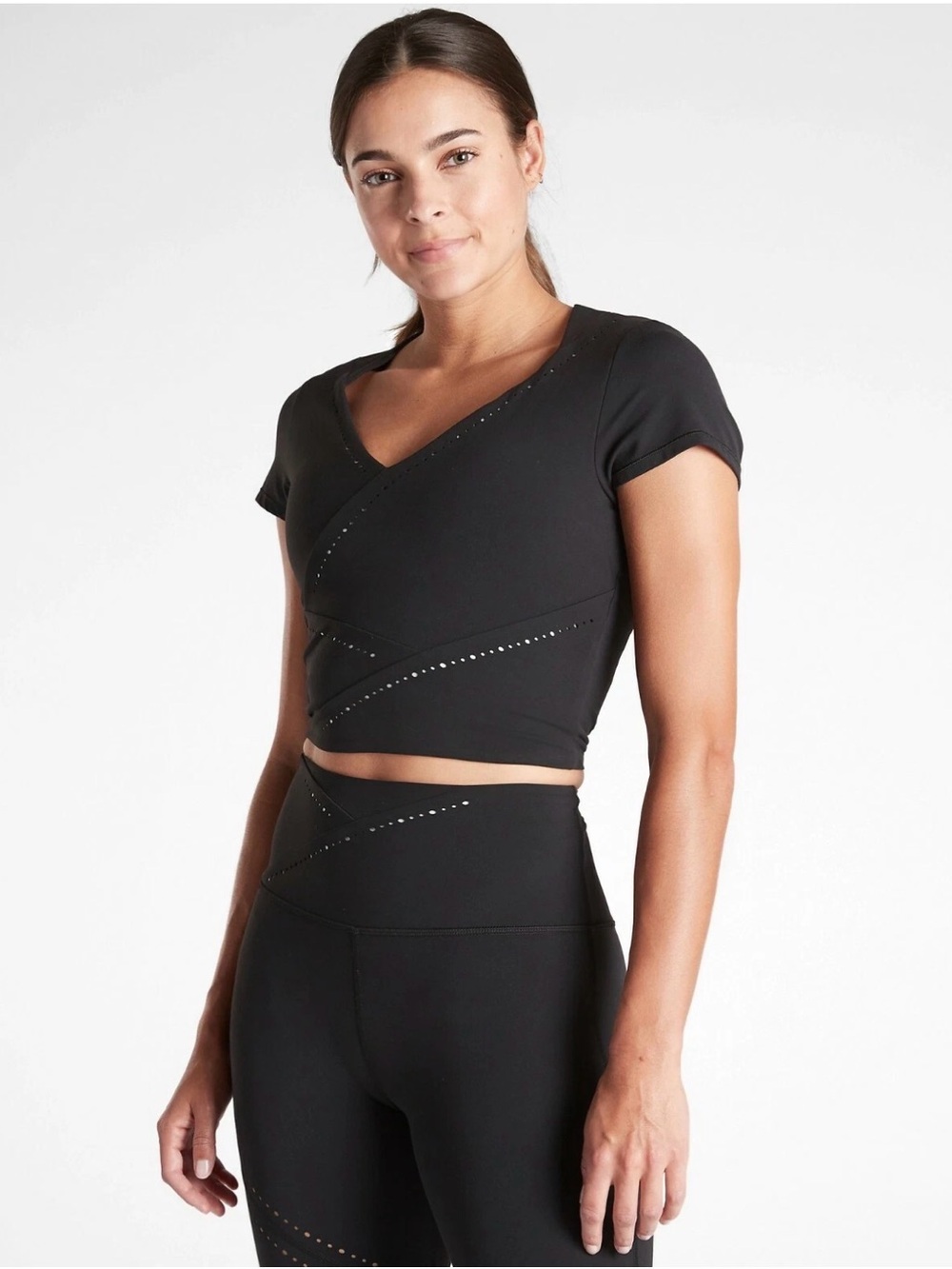 Athleta Black Short-Sleeve Wrap-Style Active Crop Top